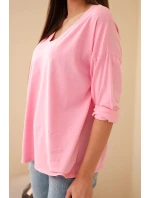 Dámská bavlněná blůza s výstřihem do V a dlouhým rukávem světle růžová