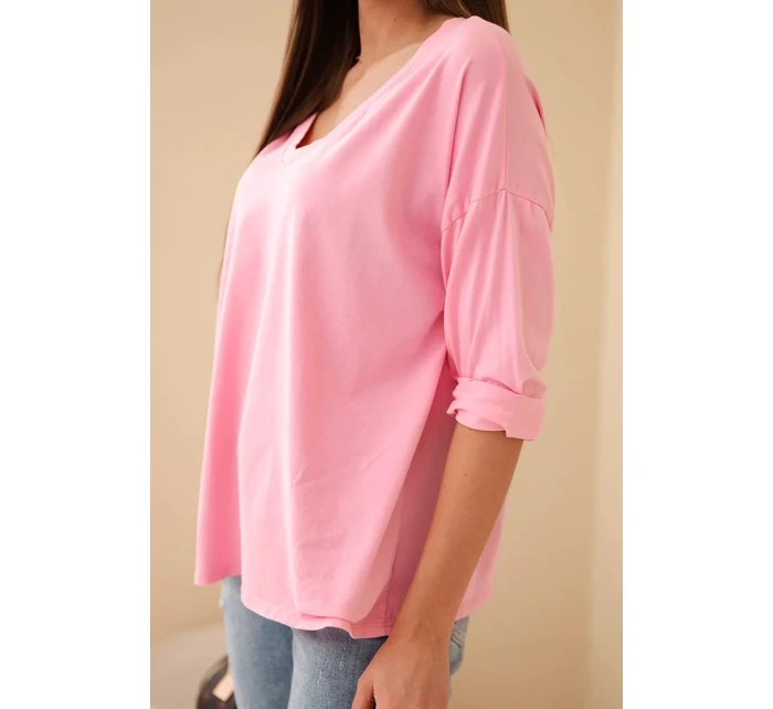 Dámská bavlněná blůza s výstřihem do V a dlouhým rukávem světle růžová