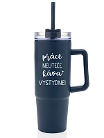 PRÁCE NEUTEČE, KÁVA VYSTYDNE! - modrý cestovní termohrnek s průhledným víčkem 900 ml