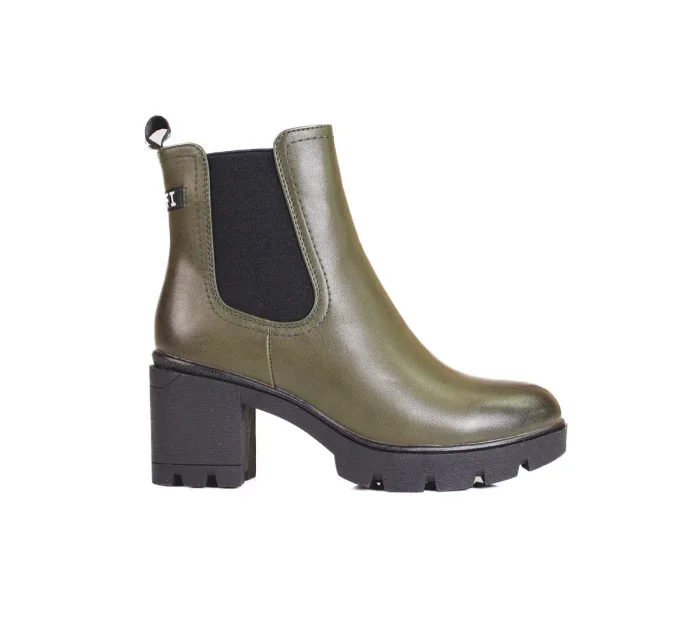 Pěkné  kotníčkové boty dámské zelené na širokém podpatku