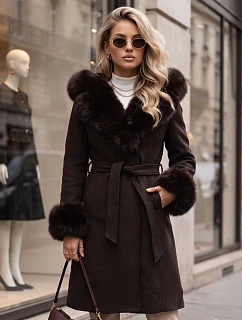 Dámský zimní kabát s kožešinou a páskem, čokoládově hnědý, FashionStreet TY6017