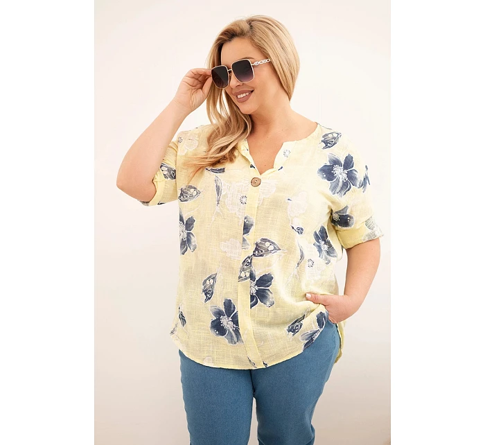 Dámská bavlněná halenka Plus Size s květinovým vzorem žlutá