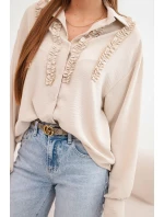 Dámská košile z viskózy s dlouhým rukávem a volánky béžová