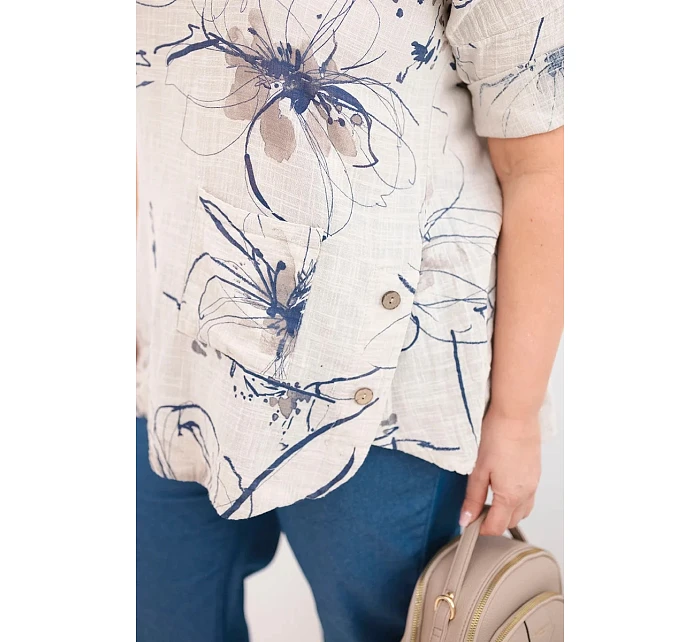 Dámská bavlněná halenka Plus Size s krátkým rukávem a kapsou béžová