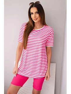 Dámský viskózový pruhovaný komplet s krátkým rukávem a šortkami fuchsiová