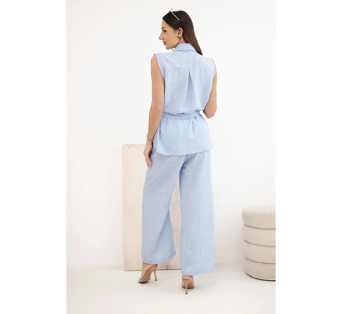 Dámský komplet s vázanou halenkou a širokými kalhotami modrý
