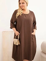 Dámské šaty plus size z viskózy s kapsami krátký rukáv hnědá