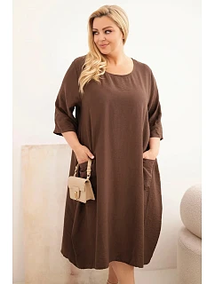 Dámské šaty plus size z viskózy s kapsami krátký rukáv hnědá