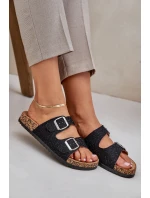 Textilní Pantofle Na Korkové Podešvi S Přezkami Černé Atera Textilní Pantofle Na Korkové Podešvi S Přezkami Černé Atera