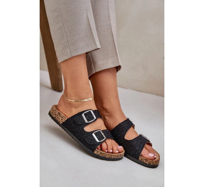 Textilní Pantofle Na Korkové Podešvi S Přezkami Černé Atera Textilní Pantofle Na Korkové Podešvi S Přezkami Černé Atera