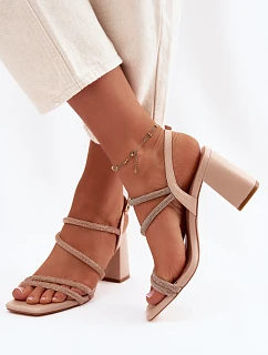 Dámské sandály na podpatku s pásky a kamínky Béžové model 22067121 - Boto