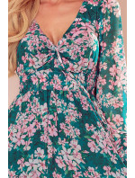 MONICA - Dámské šifonové šaty s výstřihem se zavazováním a se vzorem růžových květů na zeleném pozadí 410-2