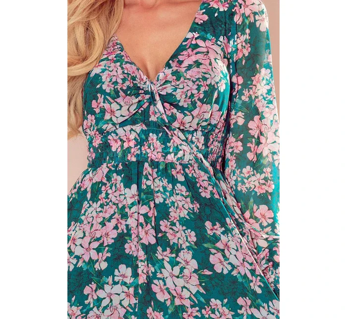410-2 MONICA šifonové šaty s vázaným výstřihem - RŮŽOVÉ KVĚTY NA ZELENÉM PODKLADĚ