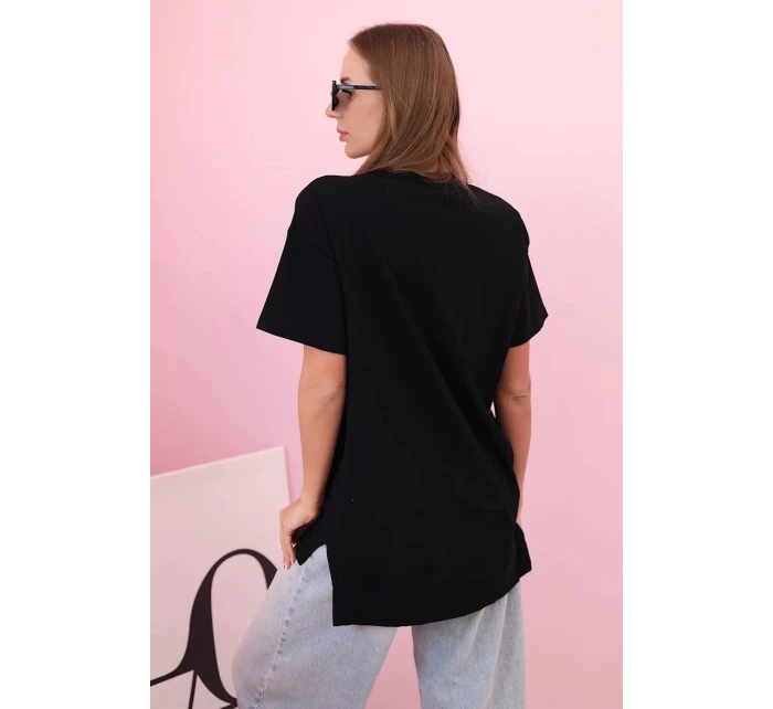 Dámské oversize tričko srdcem a třásněmi s krátkým rukávem černé