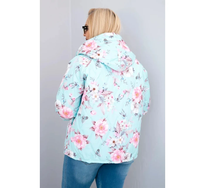 Dámská jarní prošívaná bunda Plus Size s kapucí a květinovým vzorem mátová