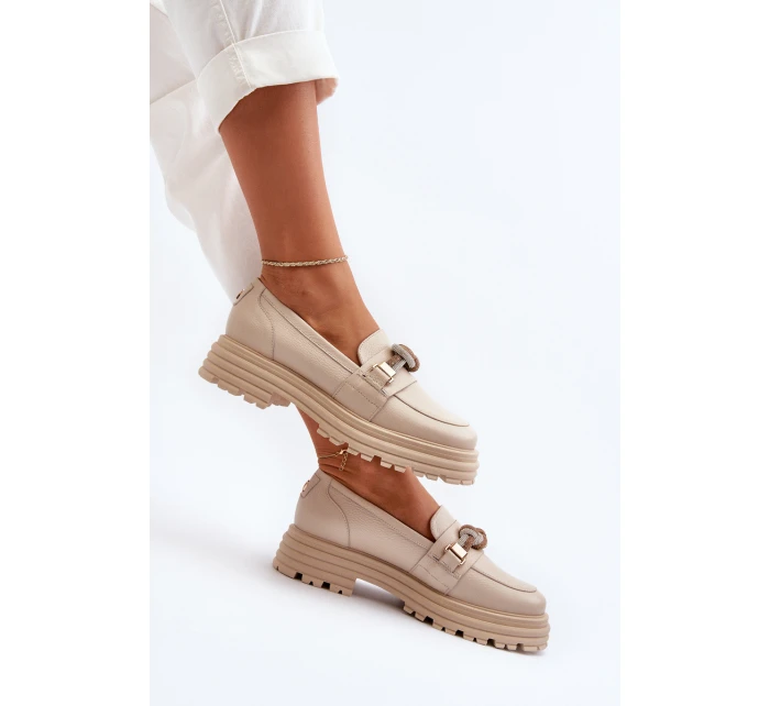 Dámské kožené mokasíny s ozdobou model 21652964 béžové - Laura Messi