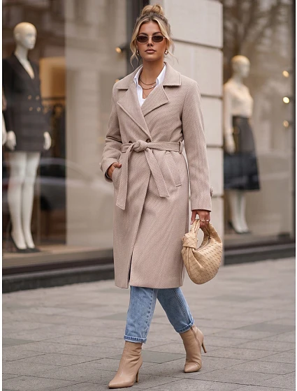 Dlouhý dámský dvouřadý kabát s páskem, béžový, FashionStreet NY0805 Dlouhý dámský dvouřadý kabát s páskem, béžový, FashionStreet NY0805