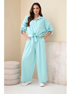 Dámský bavlněný komplet s uvázanou košilí a širokými nohavicemi mentolový