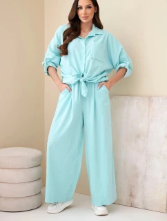 Dámský bavlněný komplet s uvázanou košilí a širokými nohavicemi mentolový