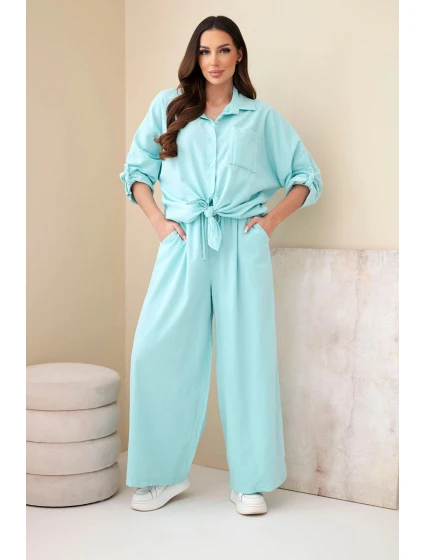 Dámský bavlněný komplet s uvázanou košilí a širokými nohavicemi mentolový