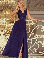 Dlouhé tmavě modré dámské šaty bez rukávů s vyšívaným výstřihem model 6369438