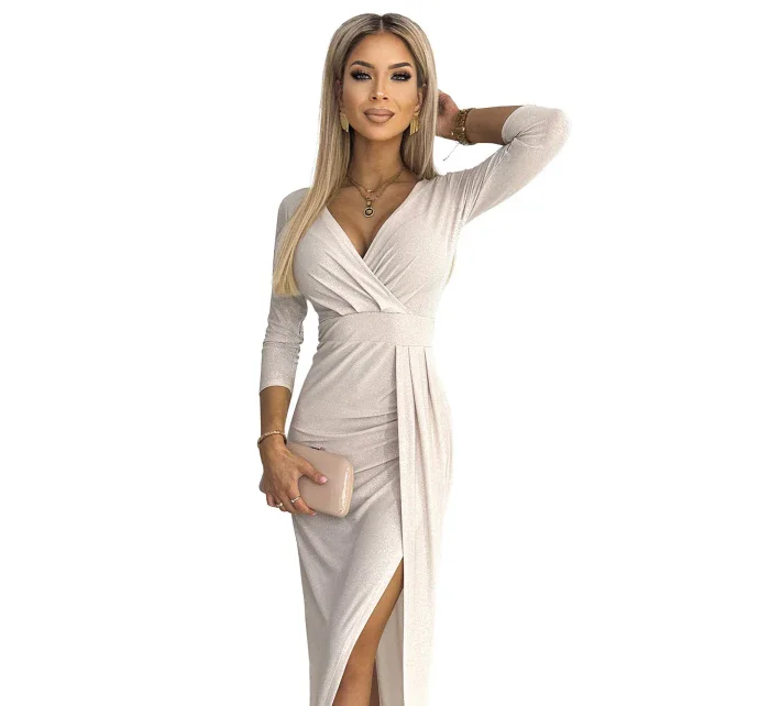 404-3 Třpytivé dlouhé šaty s výstřihem a rozparkem na nohou - béžové s třpytkami