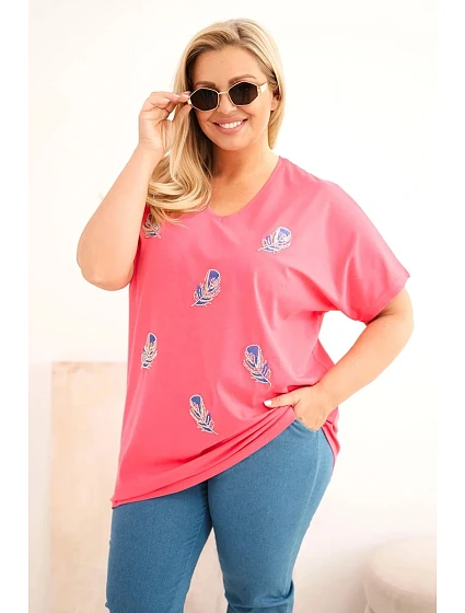Dámská bavlněná halenka Plus Size s peříčky růžová Dámská bavlněná halenka Plus Size s peříčky růžová