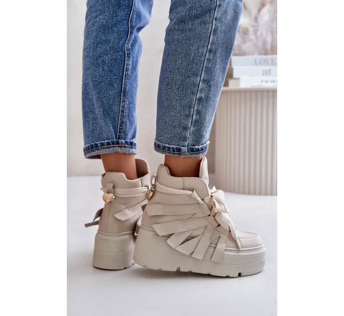 Kožené Dámské Tenisky Na Masivní Platformě Béžové CheBello 4561