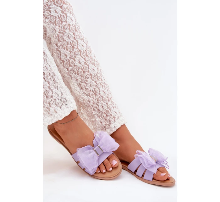 Dámské pantofle na nízkém podpatku s tylovou mašlí – fialové