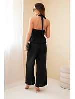 Dámský viskózový komplet s vázaným topem a kalhotami se širokou nohavicí černý