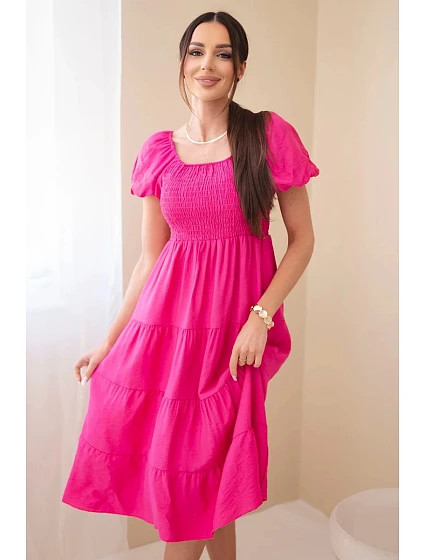 Dámské viskózové šaty s nabíranými rukávy a volánkovým topem khaki