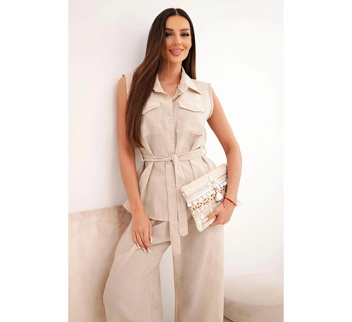 Dámský komplet s vázanou halenkou a širokými kalhotami béžový Dámský komplet s vázanou halenkou a širokými kalhotami béžový