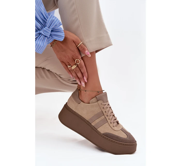 Kožené semišové dámské tenisky na platformě model 21713090 béžové - Zazoo