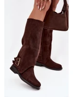 Zateplené dámské kozačky s přezkami čokoládové model 21715392 - Boto