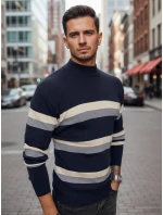 Pánský pruhovaný svetr s polovičním rolákem tmavě modrý FashionStreet WX2126