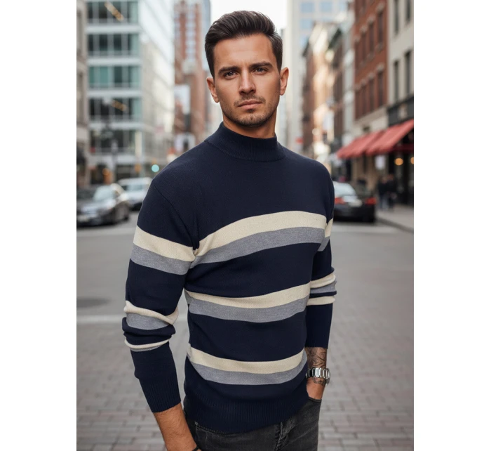 Pánský pruhovaný svetr s polovičním rolákem tmavě modrý FashionStreet WX2126