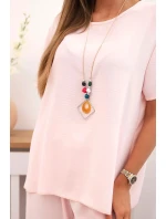 Dámský komplet s volnou halenkou a širokými nohavicemi pudrově růžová Dámský komplet s volnou halenkou a širokými nohavicemi pudrově růžová