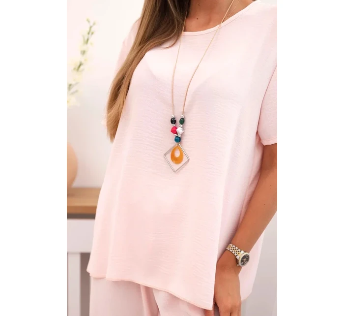 Dámský komplet s volnou halenkou a širokými nohavicemi pudrově růžová Dámský komplet s volnou halenkou a širokými nohavicemi pudrově růžová