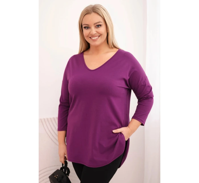 Dámská bavlněná blůza Plus Size s výstřihem do V a ohrnutým rukávem tmavě fialová Dámská bavlněná blůza Plus Size s výstřihem do V a ohrnutým rukávem tmavě fialová