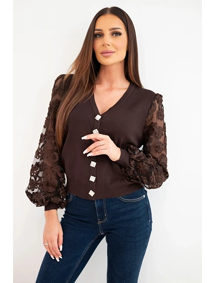 Dámský model 22294838 top s krajkovými rukávy a ozdobnými knoflíky hnědá - K-Fashion Dámský model 22294838 top s krajkovými rukávy a ozdobnými knoflíky hnědá - K-Fashion