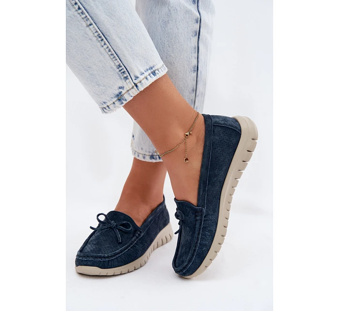 Dámské mokasíny z přírodního semiše s mašlí Vinceza 95401 tmavě modré