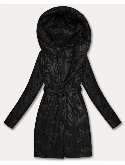 Černý dámský prošívaný kabát s páskem S'West (B8508-1)