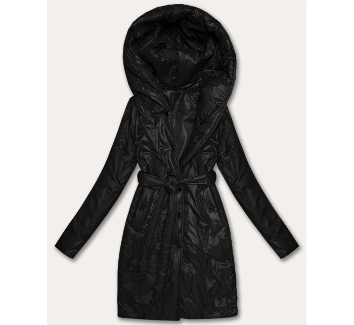 Černý dámský prošívaný kabát s páskem S'West (B8508-1)