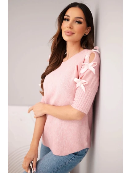 Svetr dámský s krátkým rukávem a ozdobnými mašlemi tmavě pudrově růžový Svetr dámský s krátkým rukávem a ozdobnými mašlemi tmavě pudrově růžový