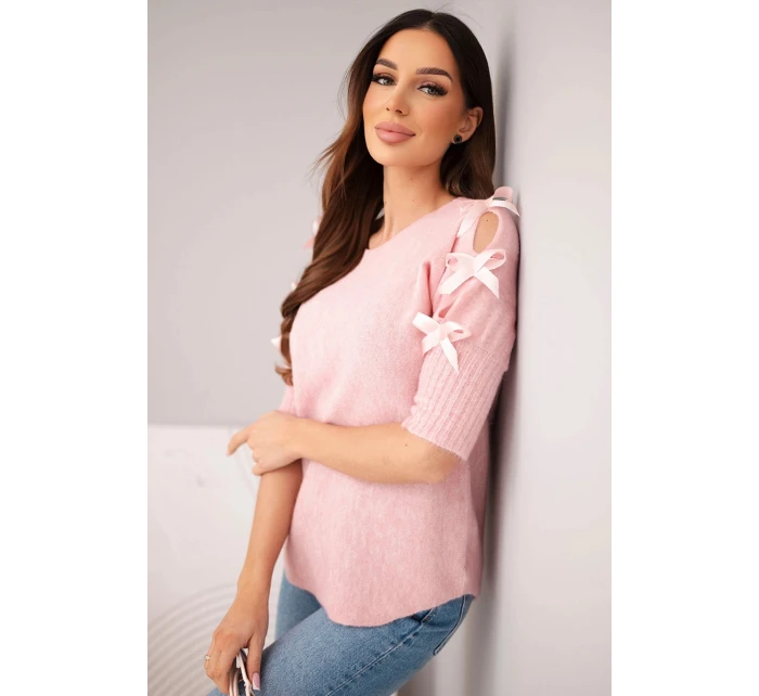 Svetr dámský s krátkým rukávem a ozdobnými mašlemi tmavě pudrově růžový Svetr dámský s krátkým rukávem a ozdobnými mašlemi tmavě pudrově růžový
