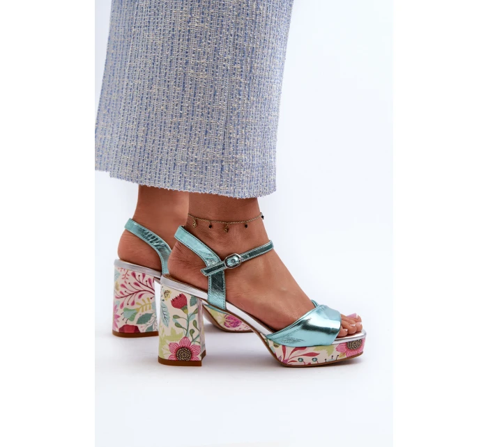 Dámské sandály na podpatku s květinami D&A CR980 modré