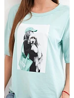 Dámská bavlněná oversize halenka s krátkým rukávem a módním potiskem tmavě mátová