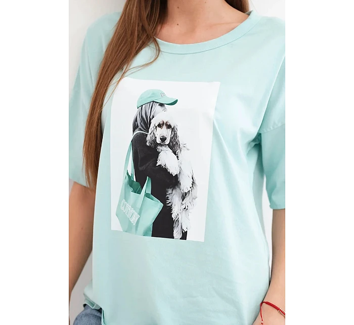 Dámská bavlněná oversize halenka s krátkým rukávem a módním potiskem tmavě mátová