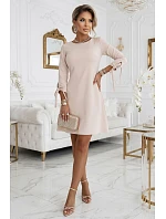 195-12 ALICE Trapézové mini šaty s mašlí a vázanými rukávy - béžové 195-12 ALICE Trapézové mini šaty s mašlí a vázanými rukávy - béžové
