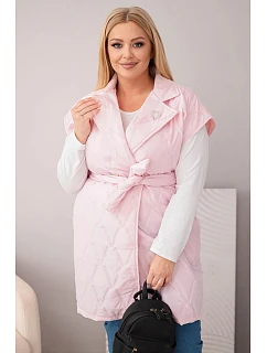 Dámská prošívaná vesta Plus Size s páskem a límcem bonbónově růžová